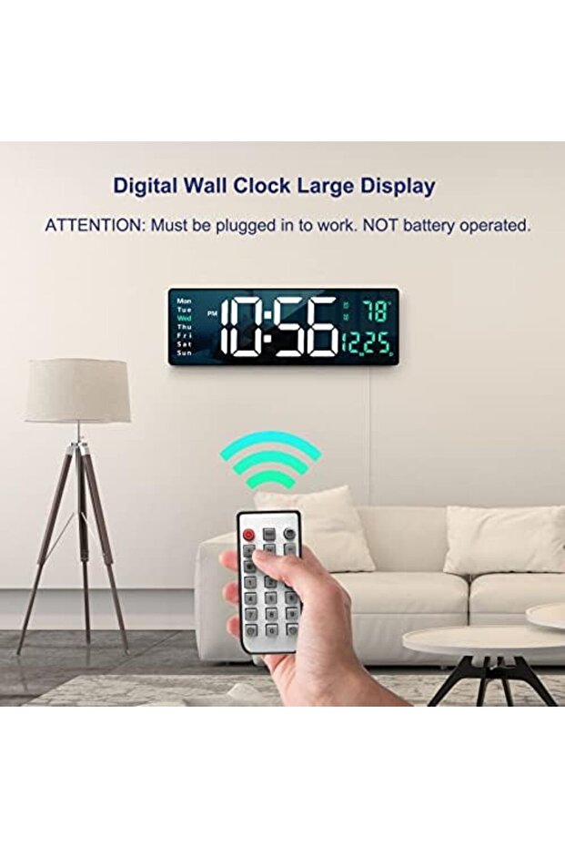 ساعة حائط رقمية بشاشة LED كبيرة، تصميم عصري، مقاس 16.2 بوصة، جهاز تحكم عن بعد، سطوع - 4