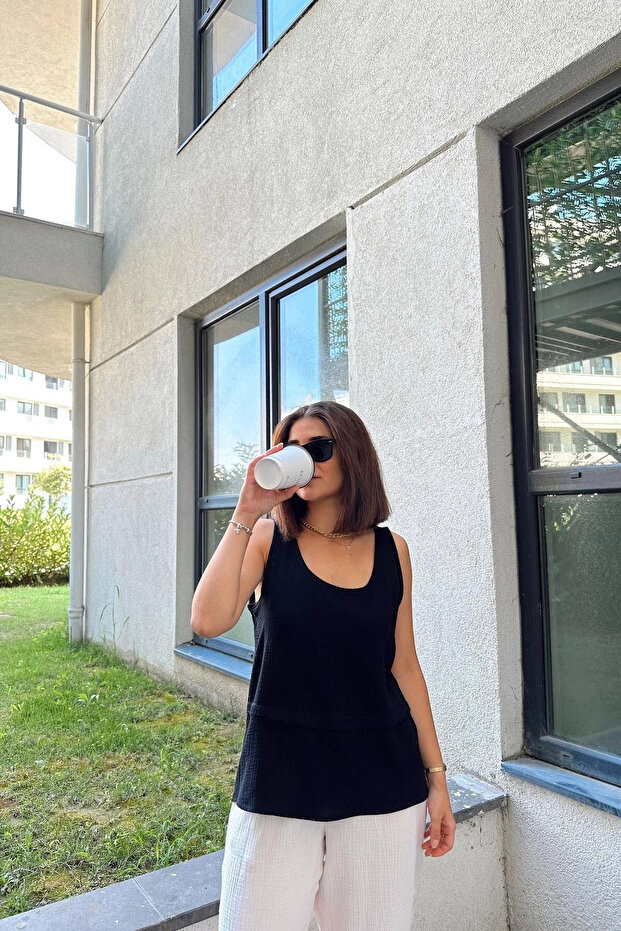 Black Imported Muslin Fabric, Basic, Layered, Loose Strap Blouse & Undershirt - 5