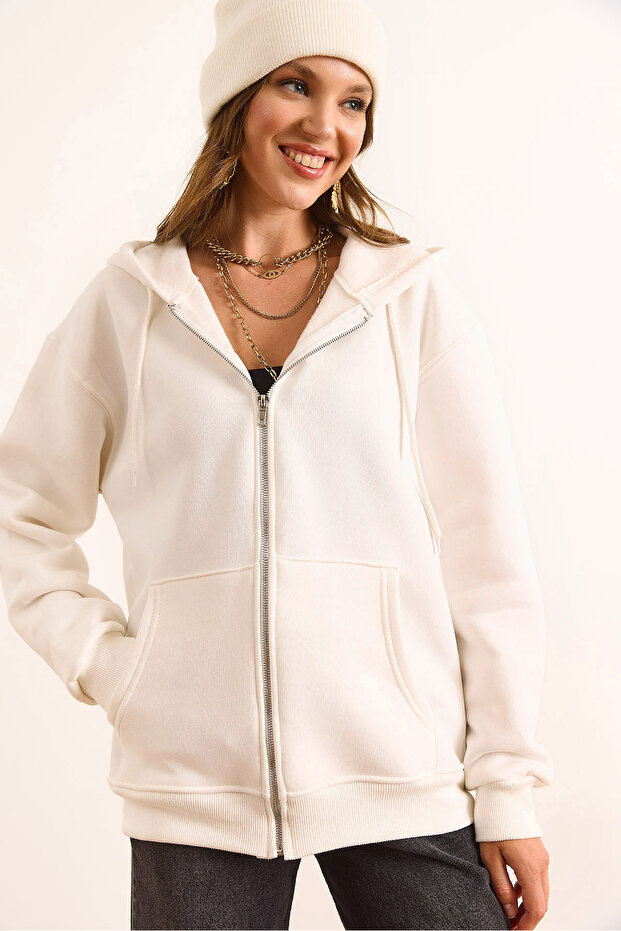 Women's White Hooded Zippered Oversize Hooded Sweatshirt Swt-19000718