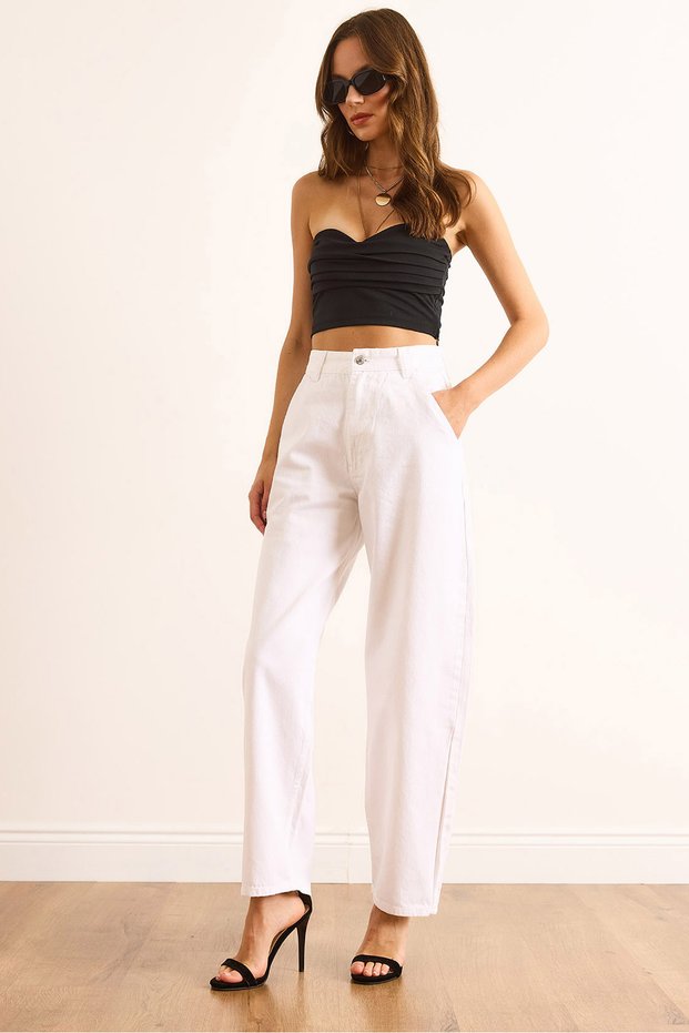 Women's White High Waist Side Pocket Boyfriend Jean Jea-19000122