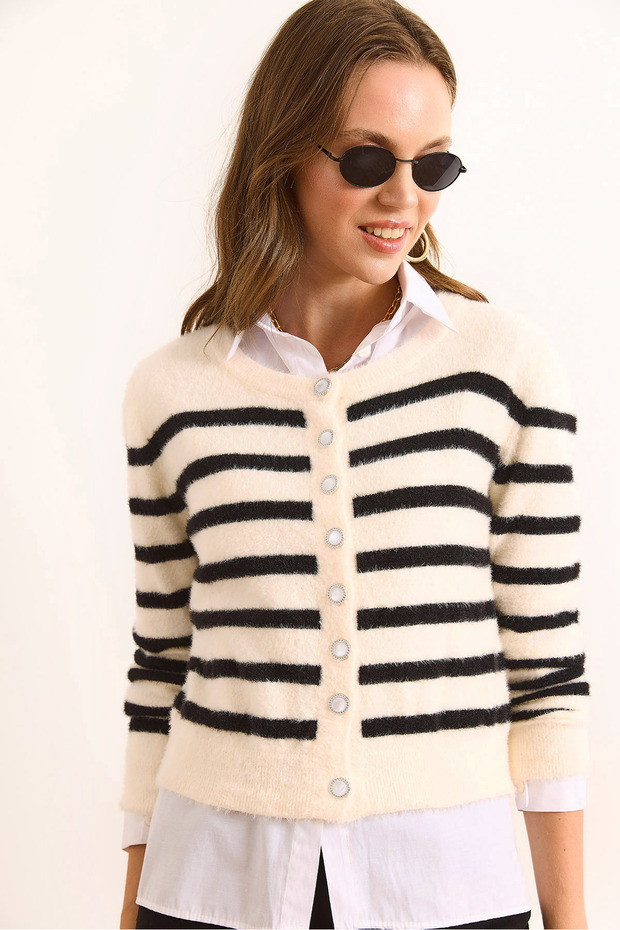 Women's Ecru Striped Button Detailed Soft Textured Beard Cardigan Hrk-19000367