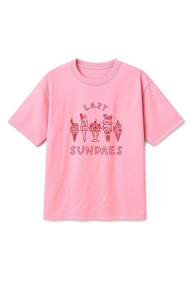 Oversize Pink Unisex Lazy Sundaes Ice Cream Printed T-Shirt T-Shirt