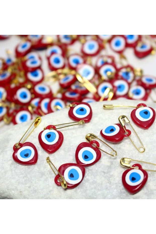 Evil Eye Beads with Heart Safety Pins, Evil Eye Beads for Mawlid, Dowry, Bundle 100 Pieces Red