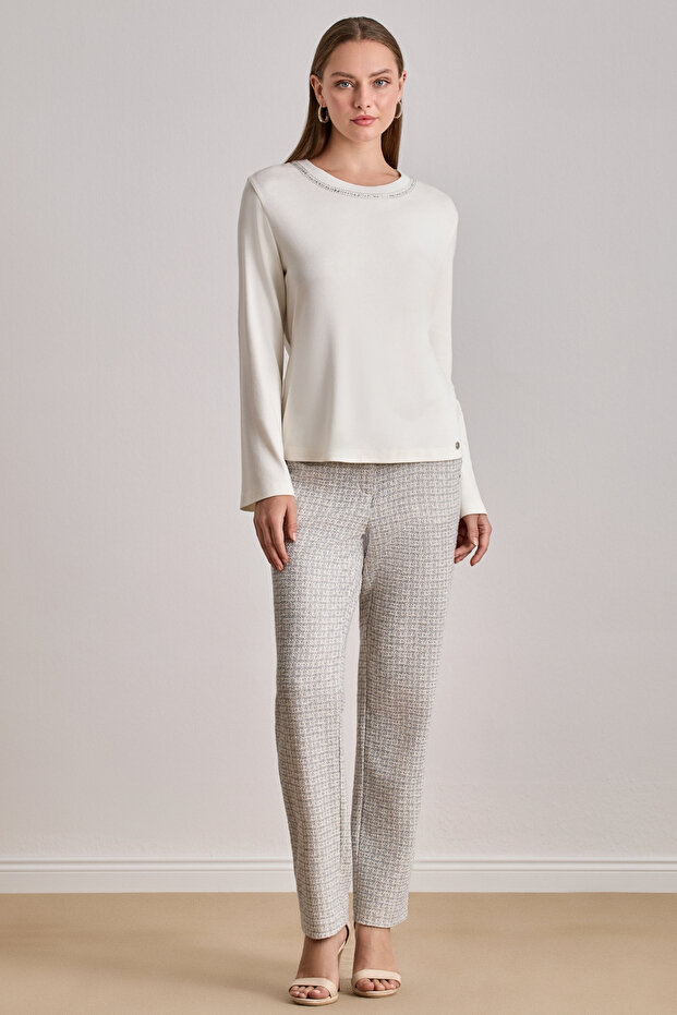 Bilekte Boy Ekru Örme Pantolon - 1