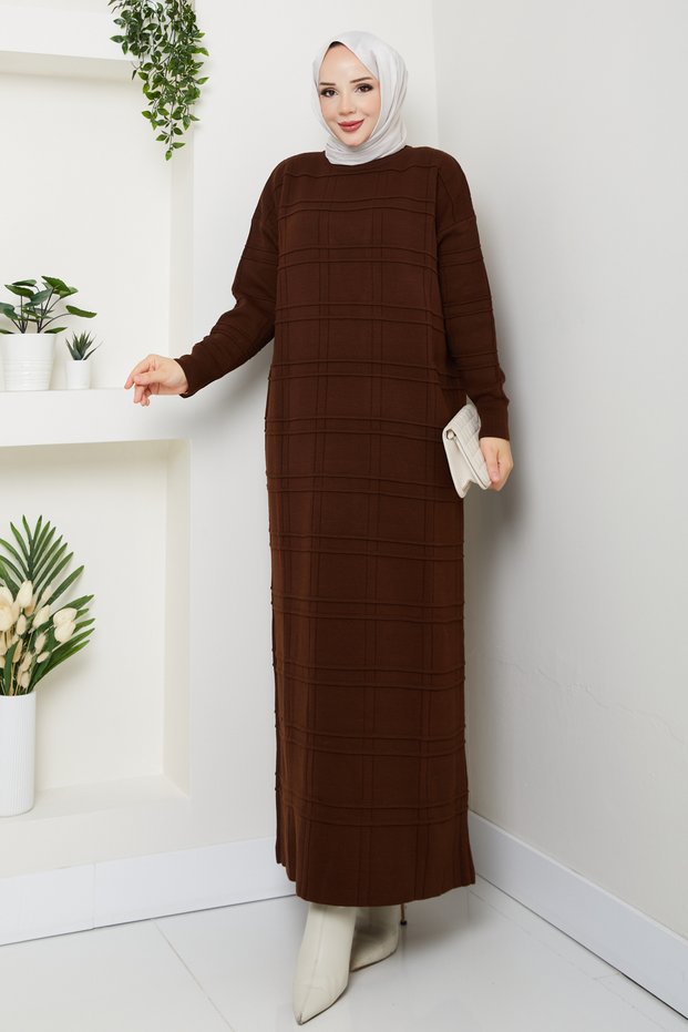 Women's Block Patterned Crew Neck Knitwear Dress