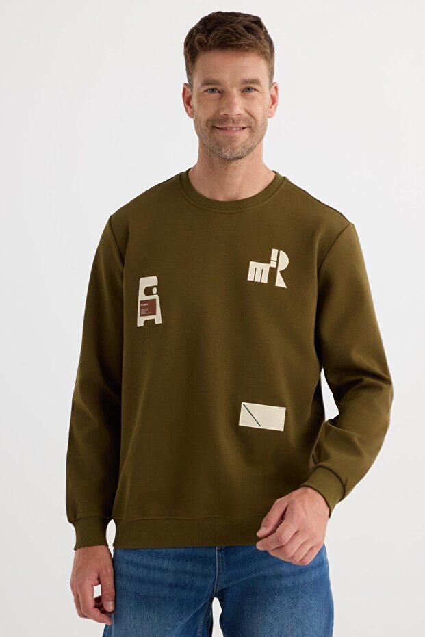 Men's Relax Fit Relaxed Cut Cotton Elastic Sleeve Crew Neck Printed Khaki Sweatshirt