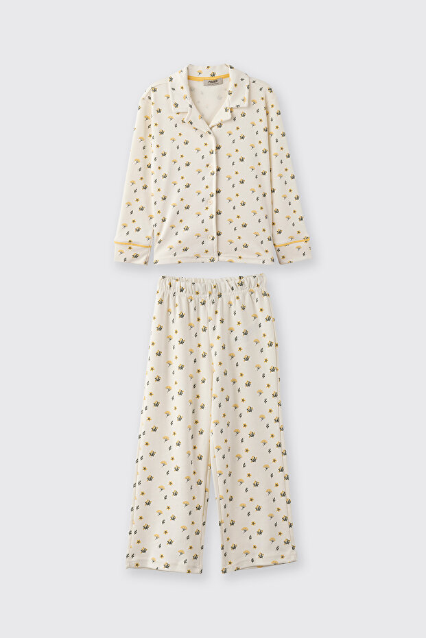 Kız Çocuk Çiçek Desenli Ekru Pijama Takımı - 1