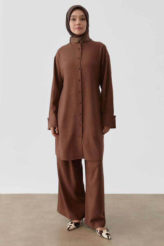 Pileli Keten Pantolon - Acı Kahve - 2