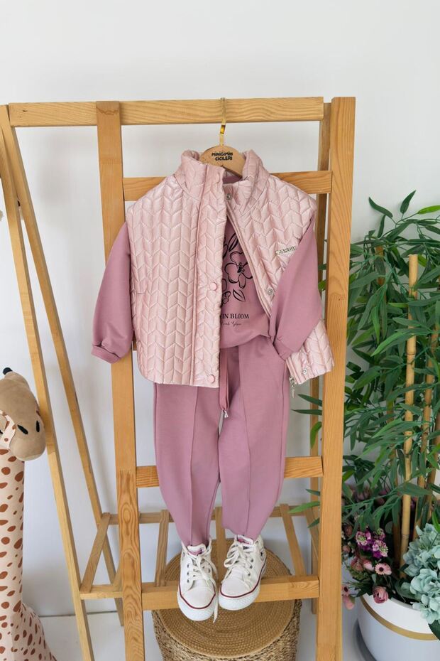 My Little Girl's 3-Piece Set with Flower Printed Patterned Vest - Pink