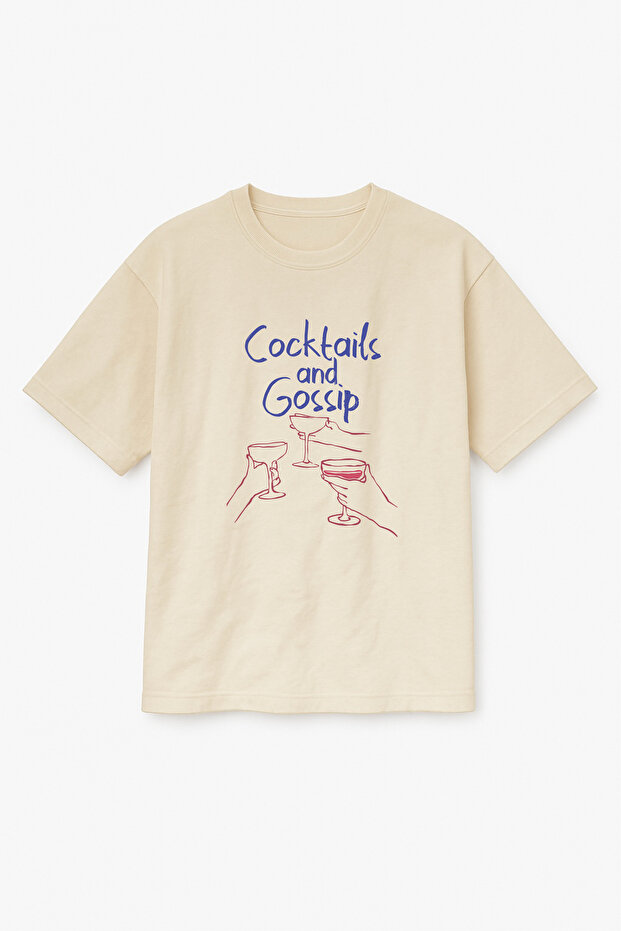 Oversize Beige Unisex Cocktail Printed T-Shirt T-Shirt
