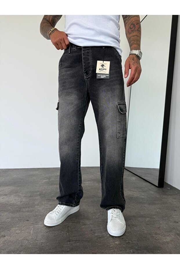 White Stitched Smoked Cargo Pocket Baggy Jean
