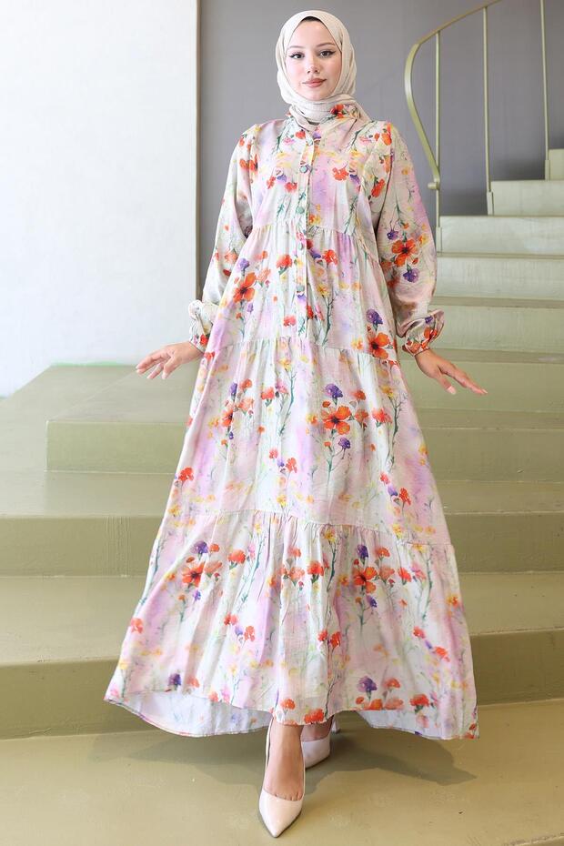 Blumenkleid mit elastischen Ärmeln Grün HM2793