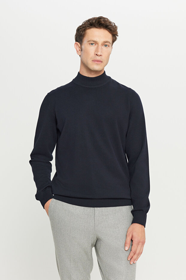 Men's Navy Blue Cotton Standard Fit Regular Cut Half Turtleneck Knitwear Sweater