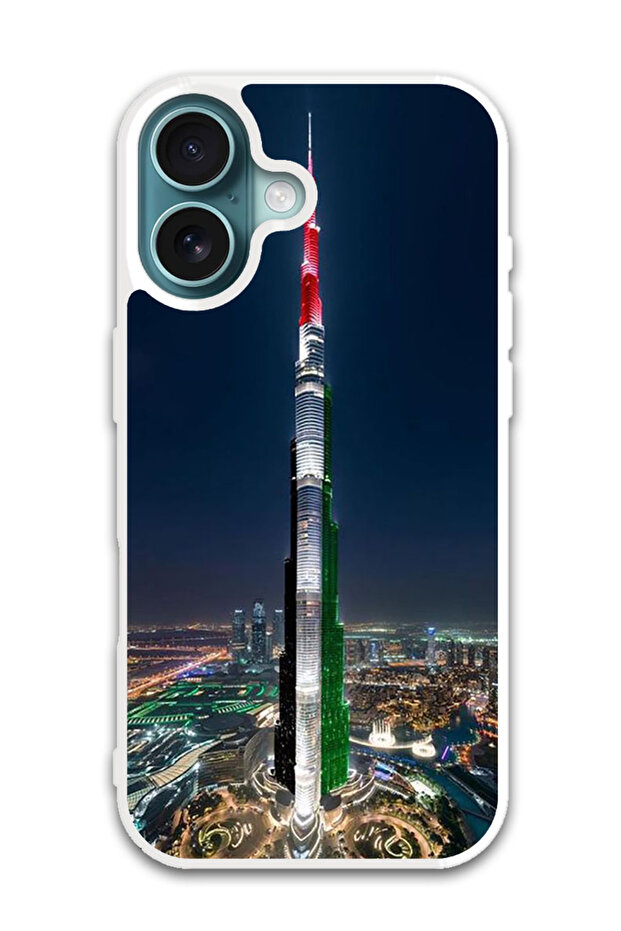 Protective Case Cover For APPLE IPHONE 16 Burj Khalifa UAE Flag (White Bumper)