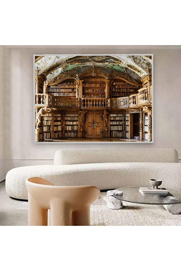 لوحة جدارية قماشية كانفس بتصميم مكتبة، اطار فضي 60×90 سم