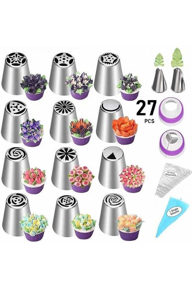 27 Pieces Russian Piping Tips Set, Cake Decorating Tips Baking Supplies for Cupcake Cookies Birthda
