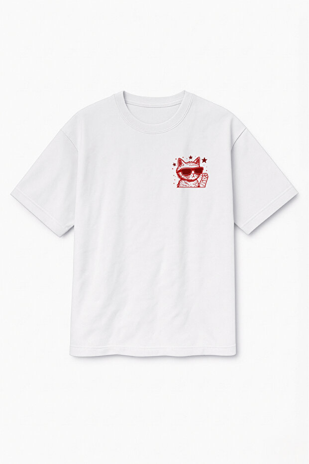 Oversize White Unisex Cat Printed T-Shirt T-Shirt