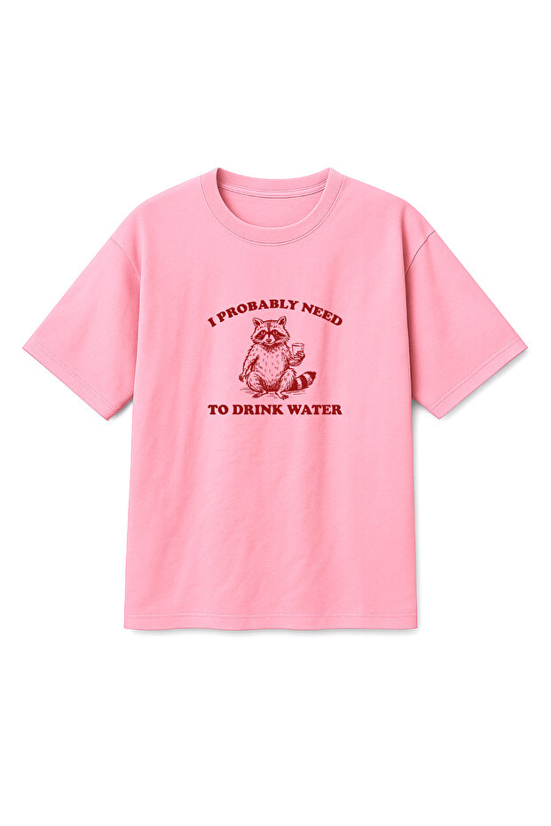 Oversize Pink Unisex Raccoon Printed T-Shirt T-Shirt