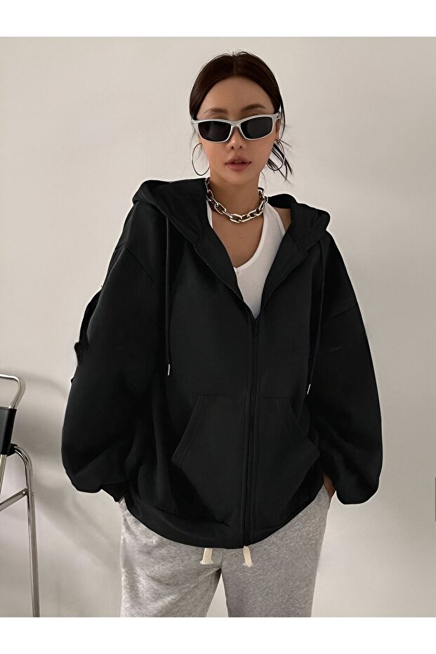 Black Duz Zipper Hooded Cardigan Sweatshirt