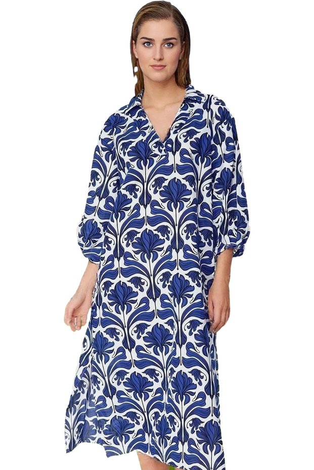 Women's Midi Length V-Neck Wide Fit Cotton Dress Summer Comfortable Daily Use Modern Design