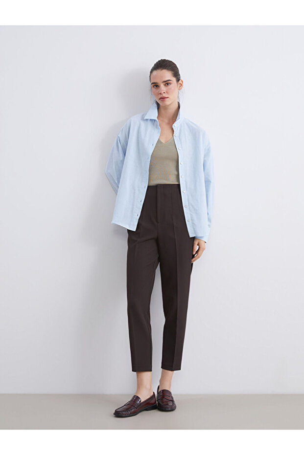 Brown Slim Fit Pleated Women's Trousers