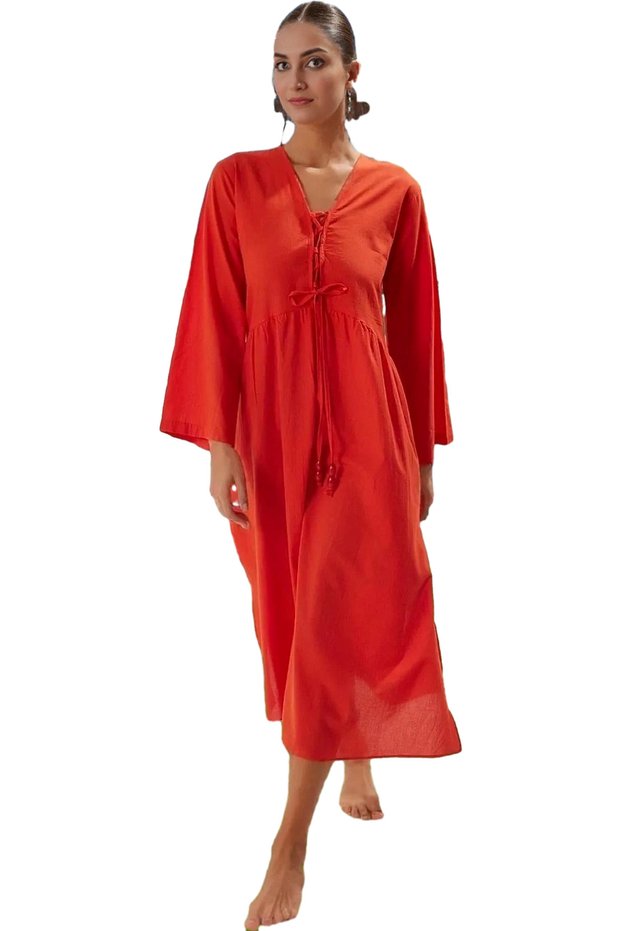 Women's Maxi Beach Dress V-Neck Flywheel Detail Cotton Casual Summer Summer Indispensable