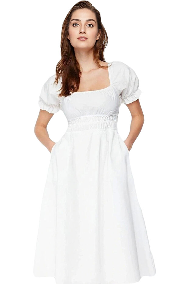Women's Midi Length Pleated Dress Square Neck Short Sleeve Comfortable Casual Weekend Quality Material