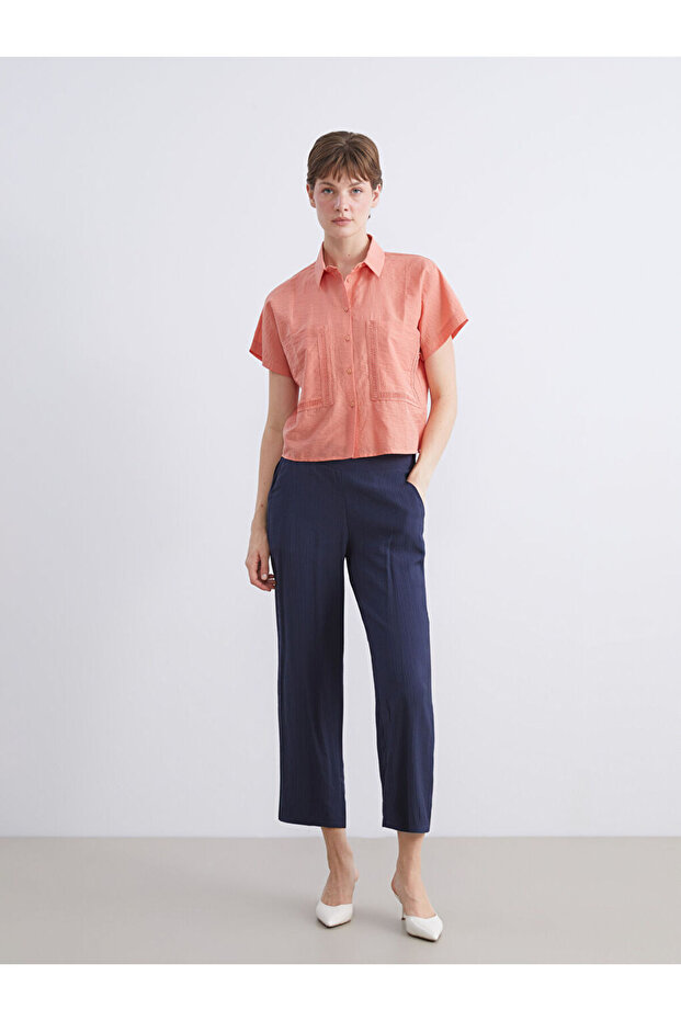 Navy Blue Elastic Waist Textured Women's Trousers
