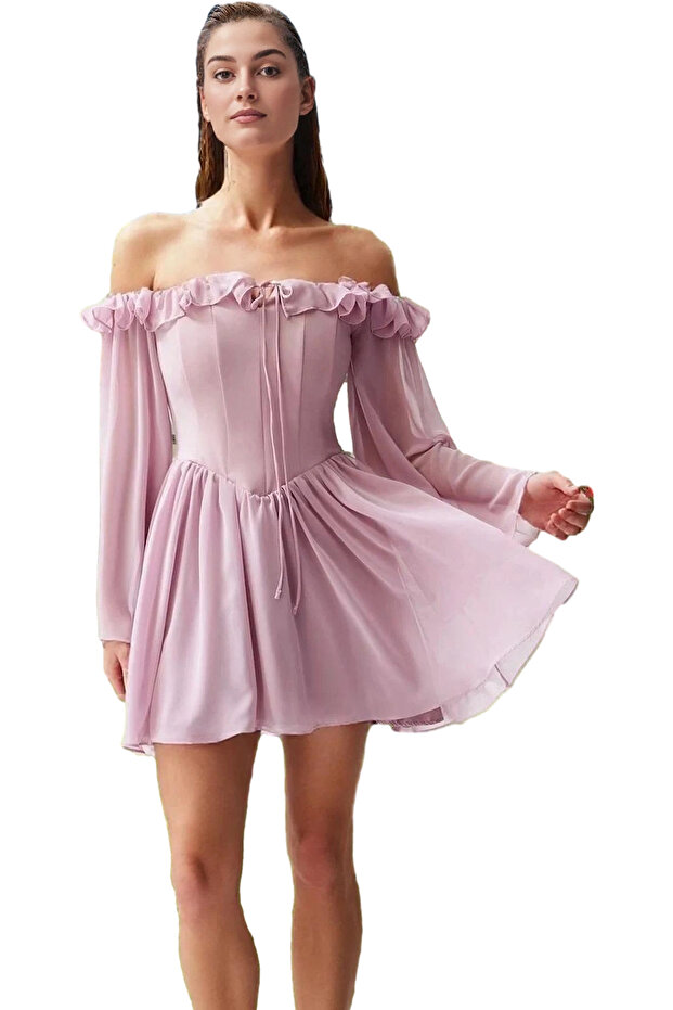 Women's A-Line Chiffon Evening Dress Flounced Long Sleeves Summer Trend Design Durable Material
