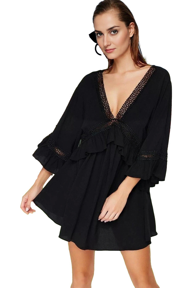 Women's Mini Beach Dress V Neck Gathered Sleeve Crinkle Woven Summer Summer Indispensable