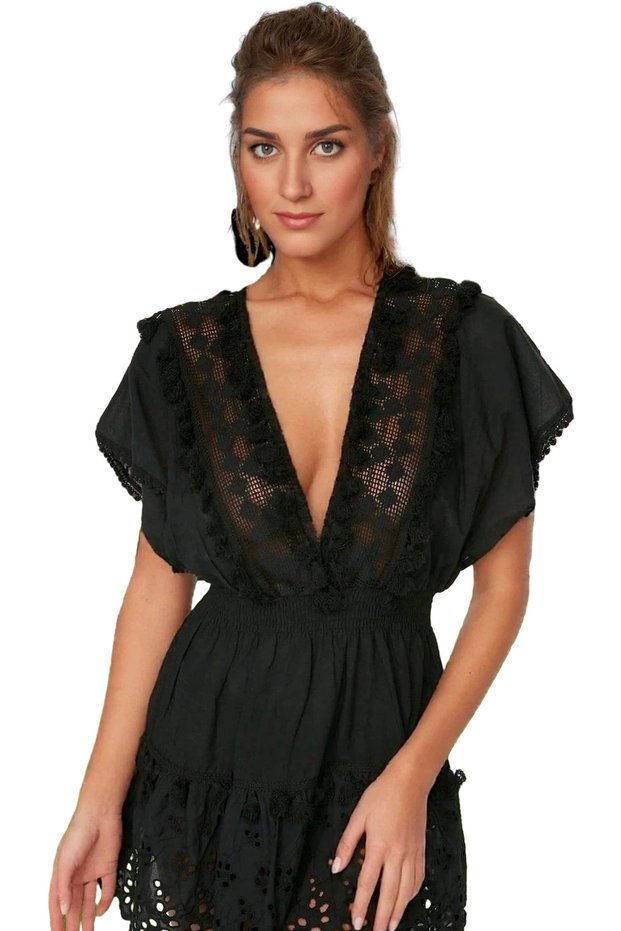 Women's Mini Beach Dress V-Neck Brode Detailed Cotton Summer Casual Use Quality Material