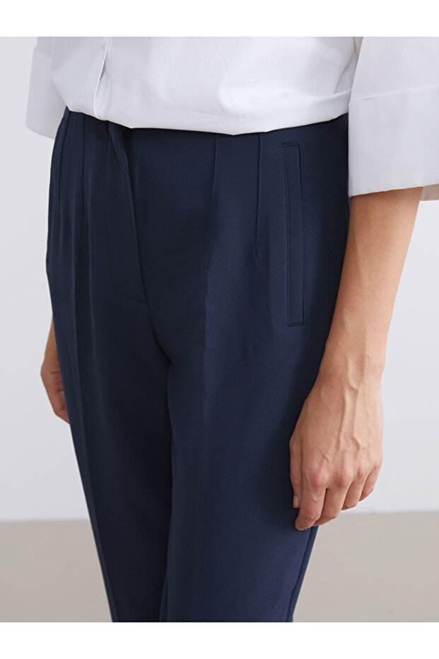 Lacivert Yüksek Bel Cigarette Pileli Kadın Pantolon - 3