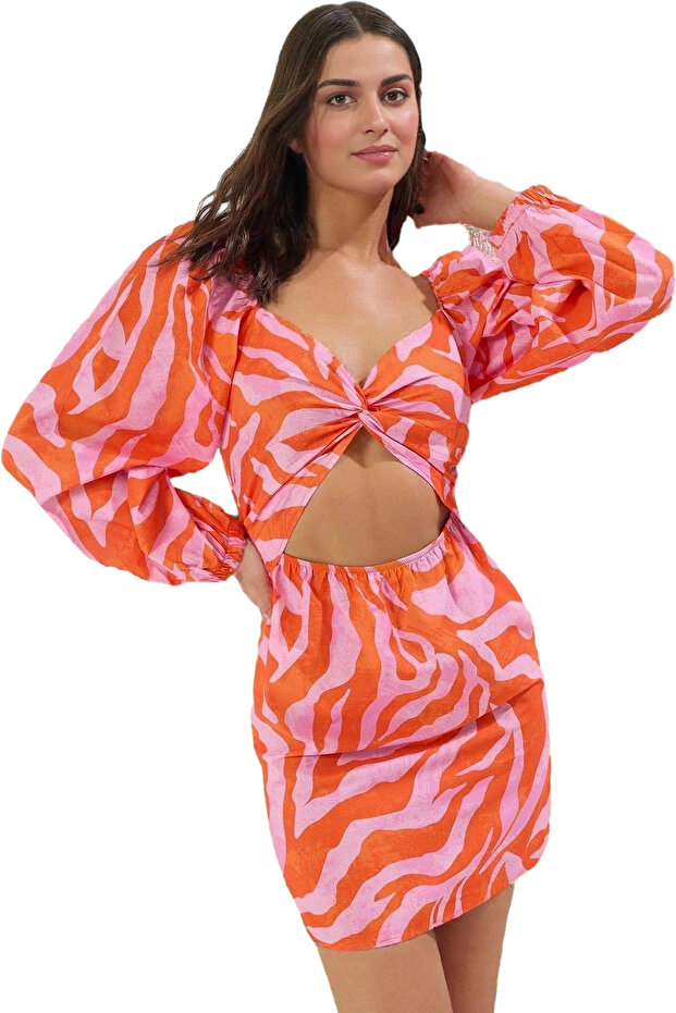 Women's Mini Dress Abstract Pattern Balloon Sleeve Cotton Summer Beach Daily Use Modern Design