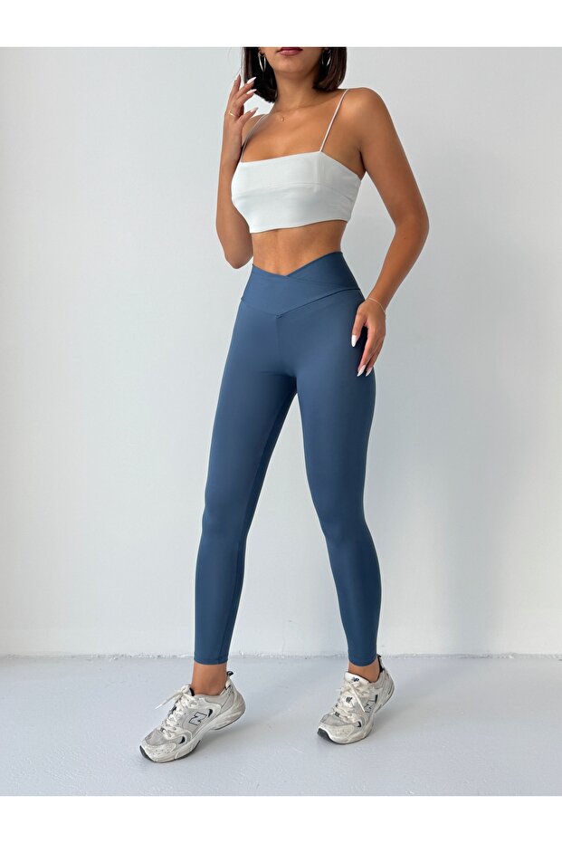 Magas derekú, karcsúsító leggings keresztirányú övvel, indigókék színben - 3