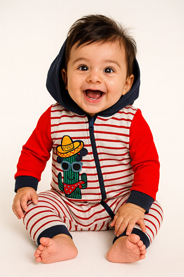 Zippered, Cotton, Hooded Baby Jumpsuit