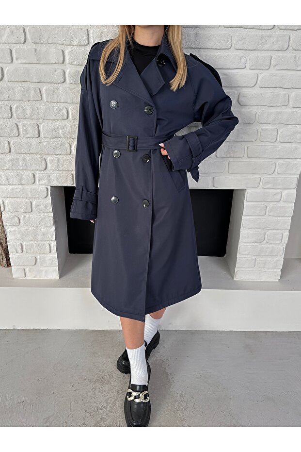 Kruvaze Kemerli Uzun Basic Trençkot - 1