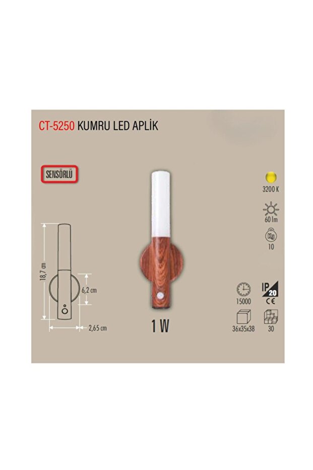 CT-5250 1W Kumru Sensörlü Led Aplik 3200 K - 3