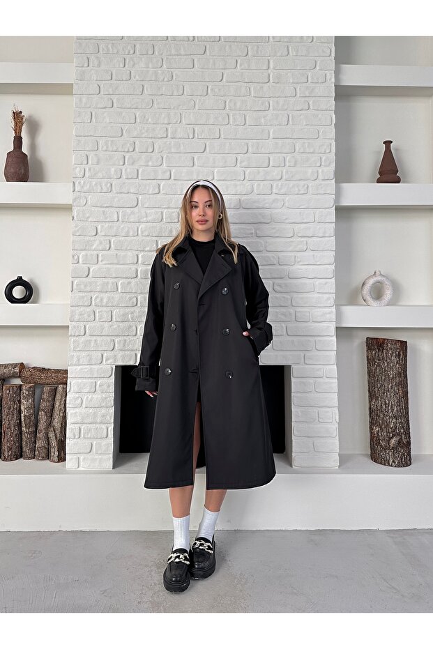 Kruvaze Kemerli Uzun Basic Trençkot - 6