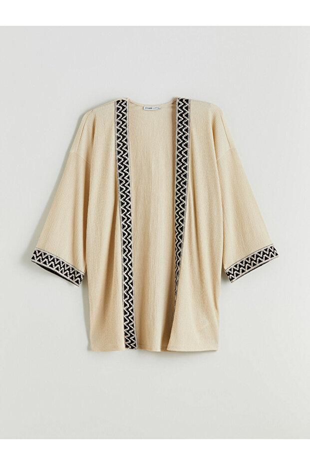 Bej Şal Yaka Desenli Oversize Kadın Hırka - 5