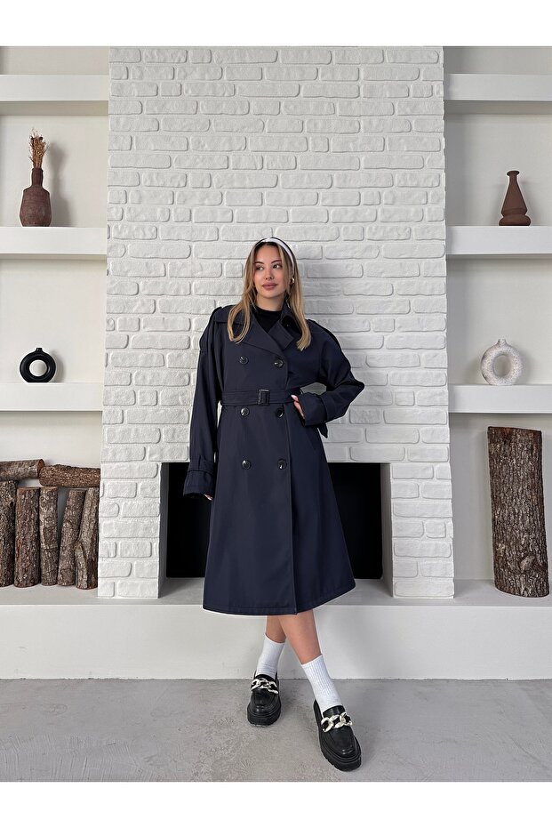Kruvaze Kemerli Uzun Basic Trençkot - 4