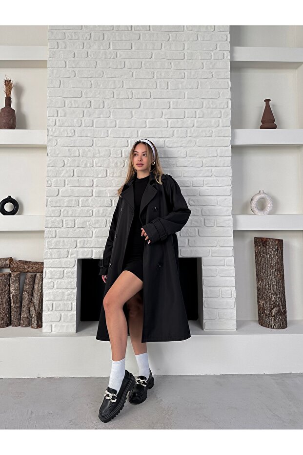 Kruvaze Kemerli Uzun Basic Trençkot - 5