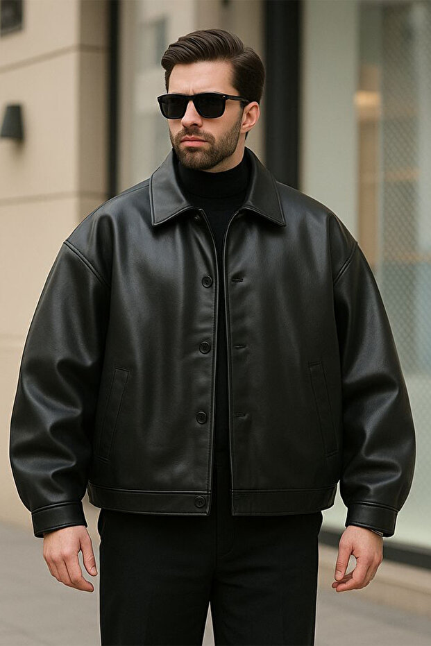 New Season Buttoned Oversize Men's Leather Jacket