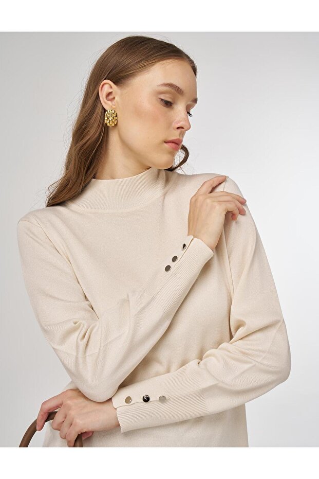 Balıkçı Yaka Basic Viskon Triko Tunik Krem - 7