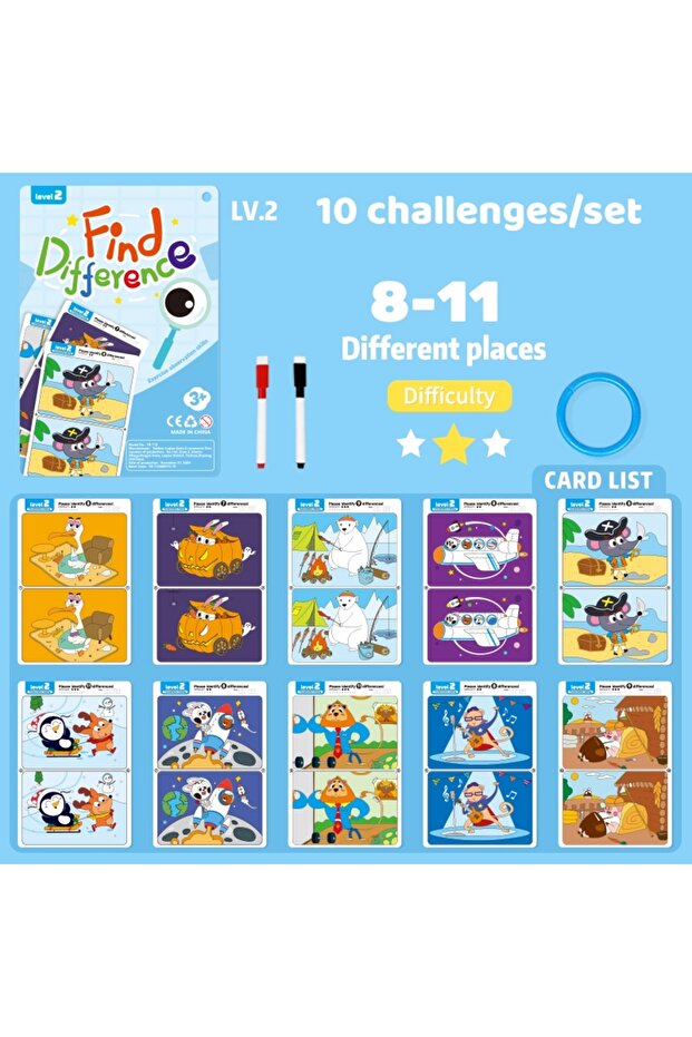LEVEL 2 Find the Difference Game Concentration Training Set 10 Sheets/Set, Reusable Reverse Answer,