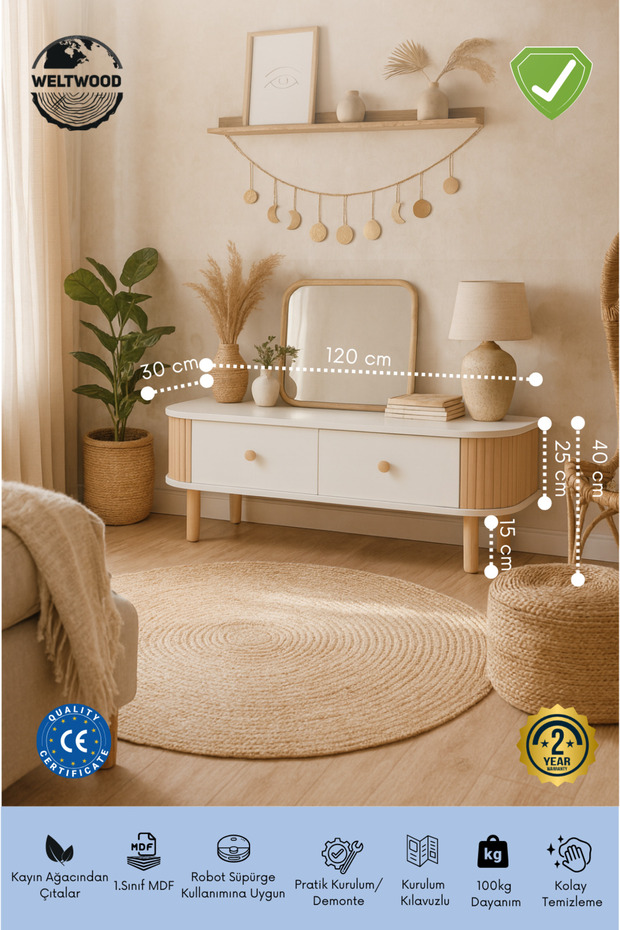 Minimal TV Ünitesi – Modern Bohem Tasarım, Dayanıklı Yapı, Kayın Çıtalı, Modern, %100 MDF - 3