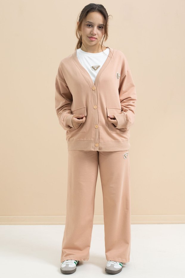 Beige Logo Detailed Buttoned Cardigan Girls' Slit 3-Piece Horse-Top Set 21377