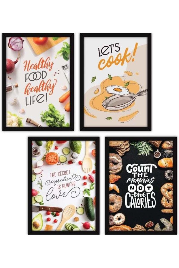 Framed Wall Paintings for Room Home Decor - Food Posters With Glass, A3 - Set of 4