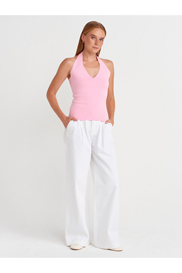 10794 Halter V Yaka Basıc Bluz-Pembe - 4