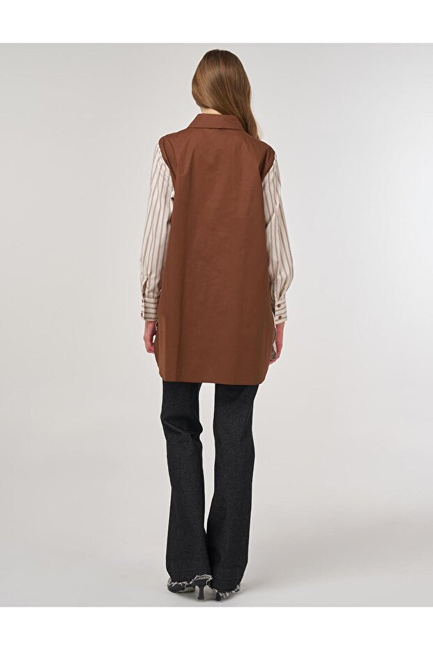Yakası Taş İşlemeli Pamuklu Tunik Kahve - 4