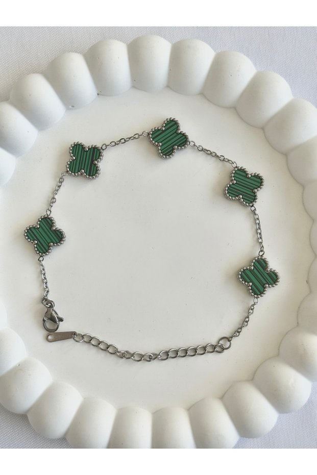 Green Stone Four Leaf Flower Detailed Steel Bracelet